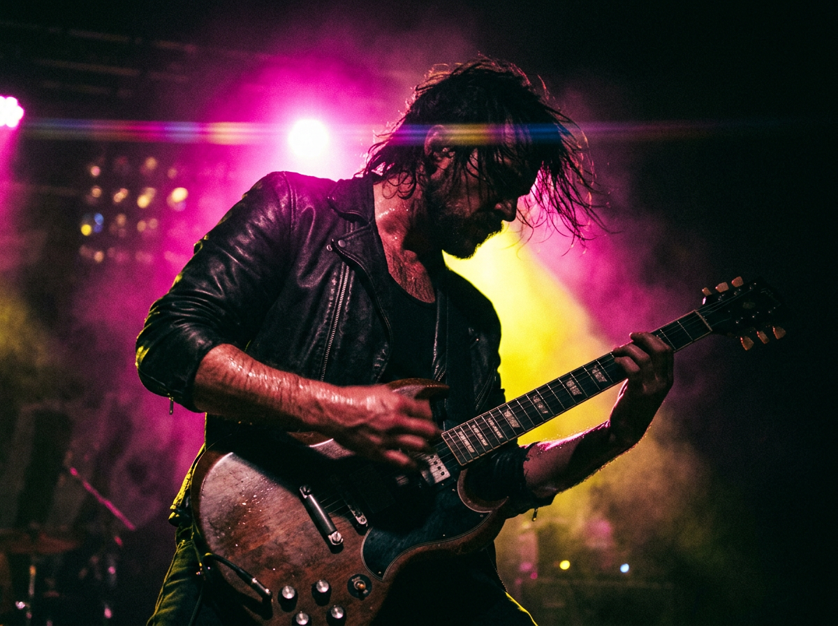 A guitarist mid-performance bathed in stage light
