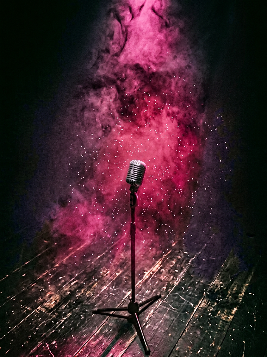 A vintage microphone lit by magenta stage haze