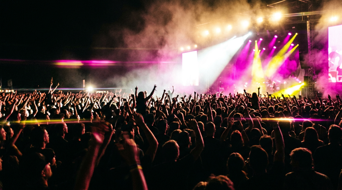 A packed concert crowd lit by magenta and yellow stage lights